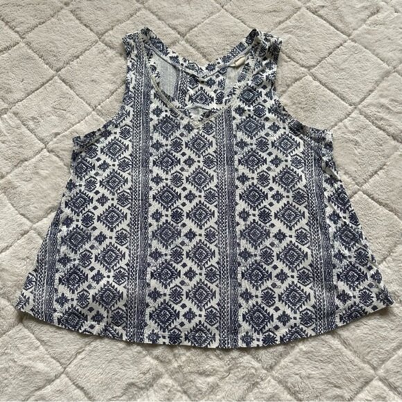 Lucky Brand | Blue and White Tribal Print Double V-neck Tank Top | Size Small - Picture 1 of 9